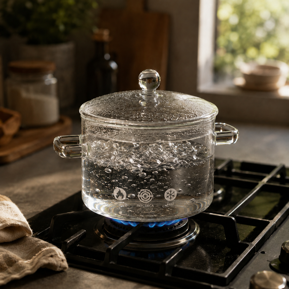 Olla de vidrio de borosilicato hirviendo agua sobre llama de gas en cocina luminosa