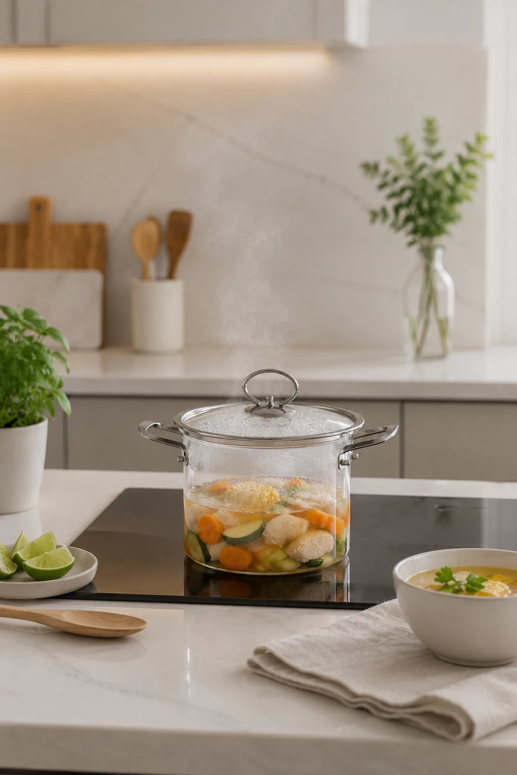 Olla de vidrio con asas de acero cocinando en inducción — portada