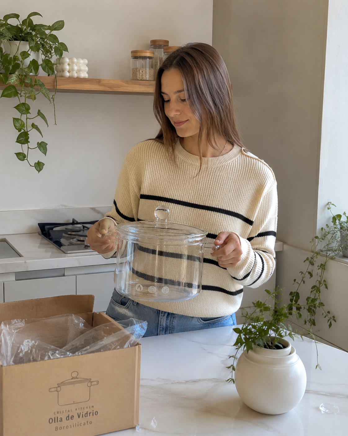 Clienta sosteniendo la olla de vidrio de borosilicato recién desempacada