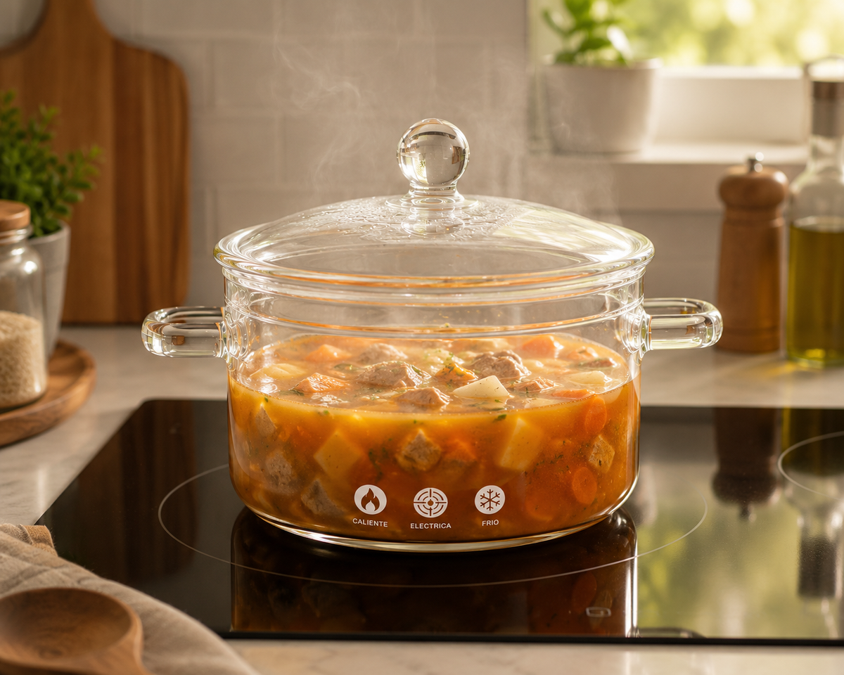 Olla de vidrio con guiso de carne y verduras cocinando