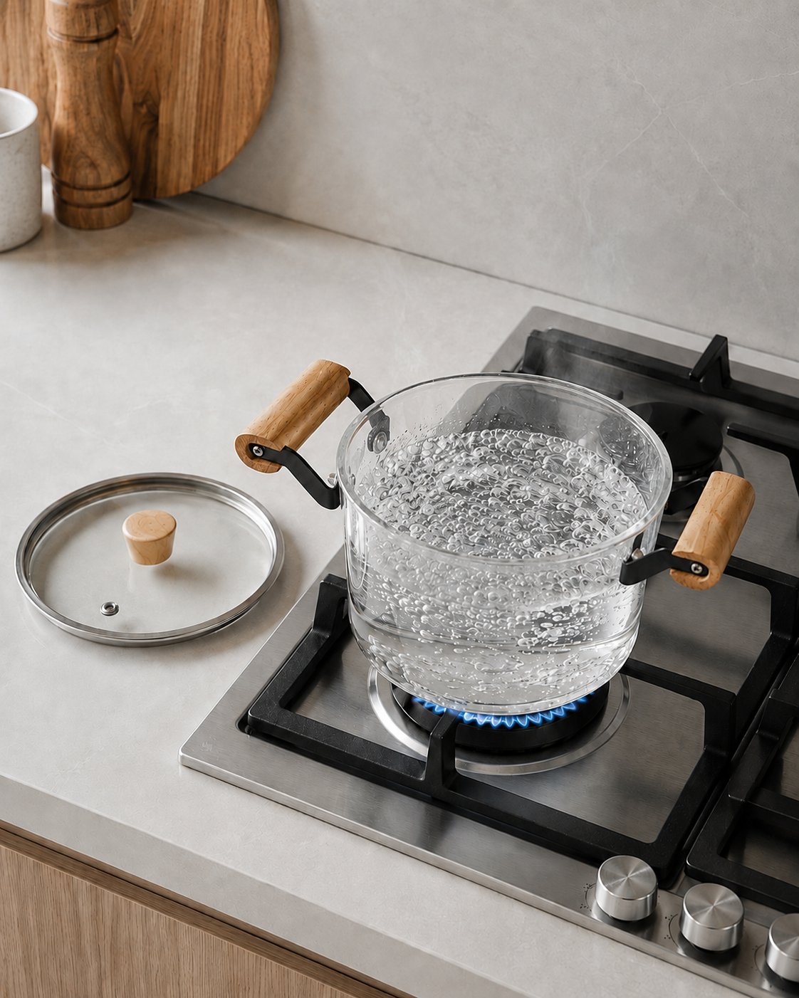 Olla de vidrio con asas de madera hirviendo agua sobre hornalla de gas, con la tapa apoyada al lado