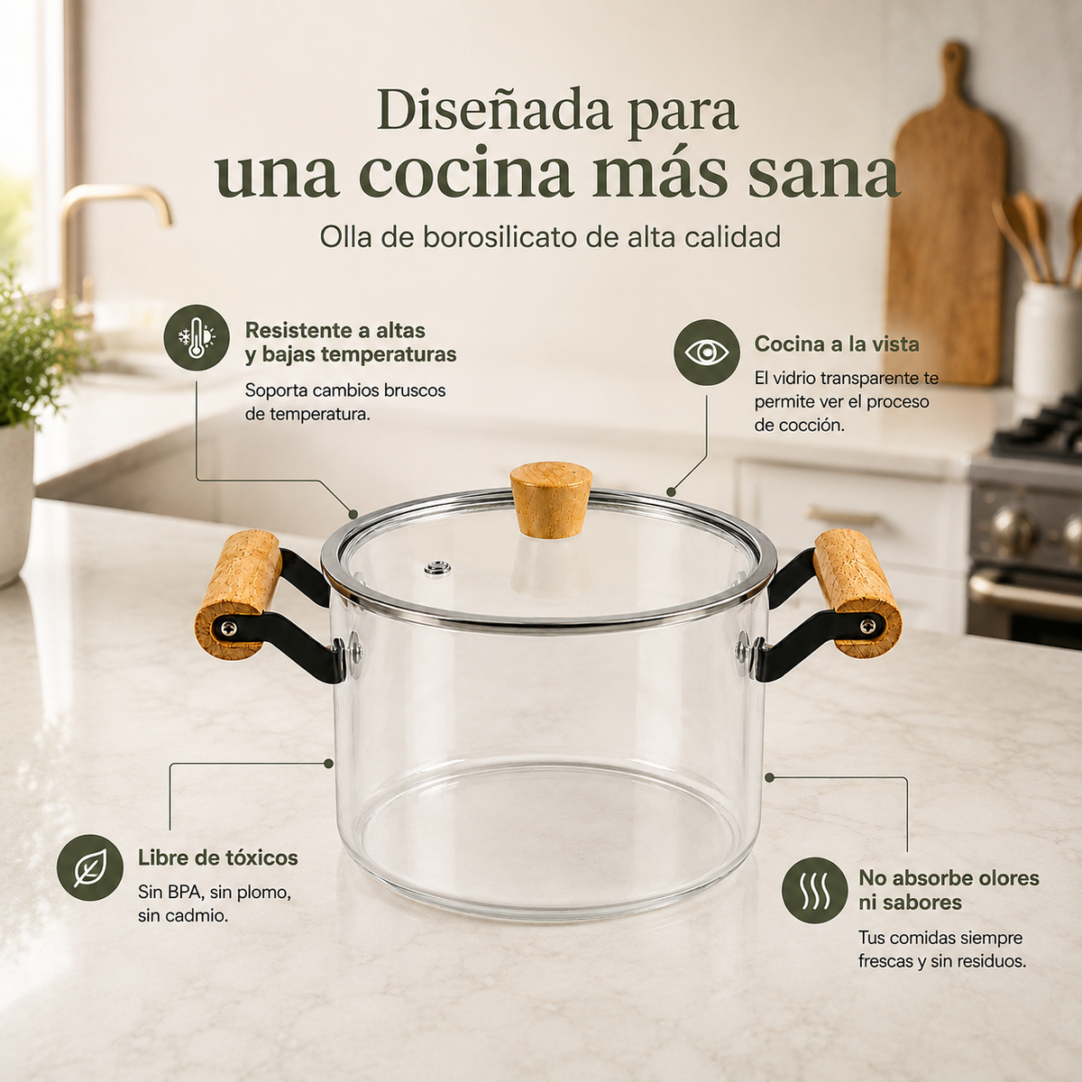 Características: resistente a temperaturas, cocina a la vista, libre de tóxicos, no absorbe olores