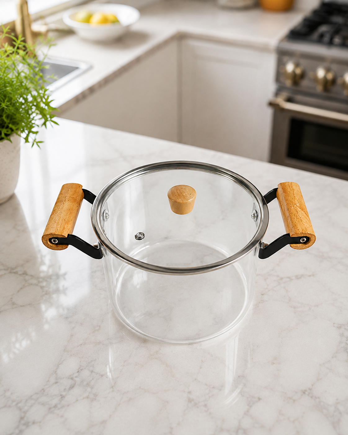 Olla de vidrio con asas de madera en una cocina blanca, vista de tres cuartos
