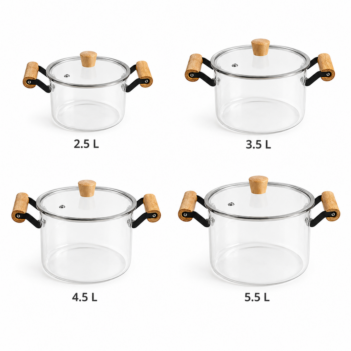 Los cuatro tamaños disponibles: 2.5 L, 3.5 L, 4.5 L y 5.5 L