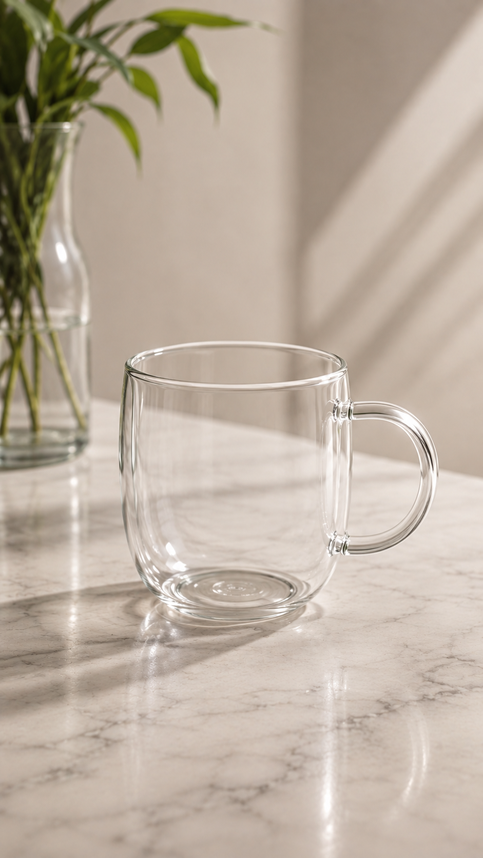 Taza de doble vidrio sobre mármol con luz natural