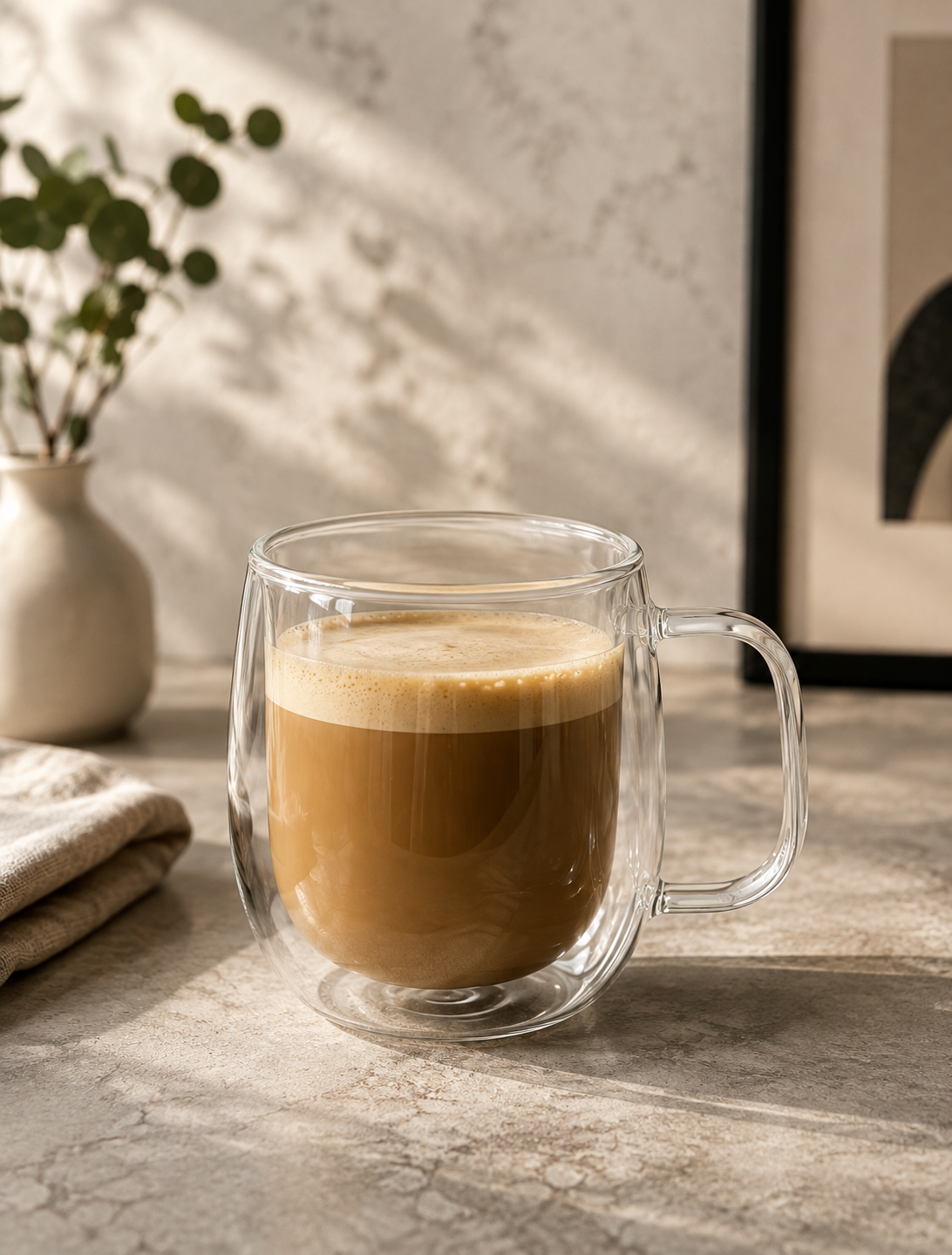 Taza de doble vidrio con café, efecto flotante del borosilicato