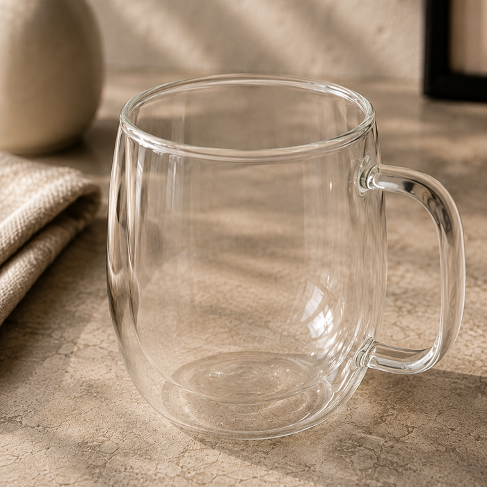 Taza de café de doble vidrio de borosilicato sobre mesada de piedra