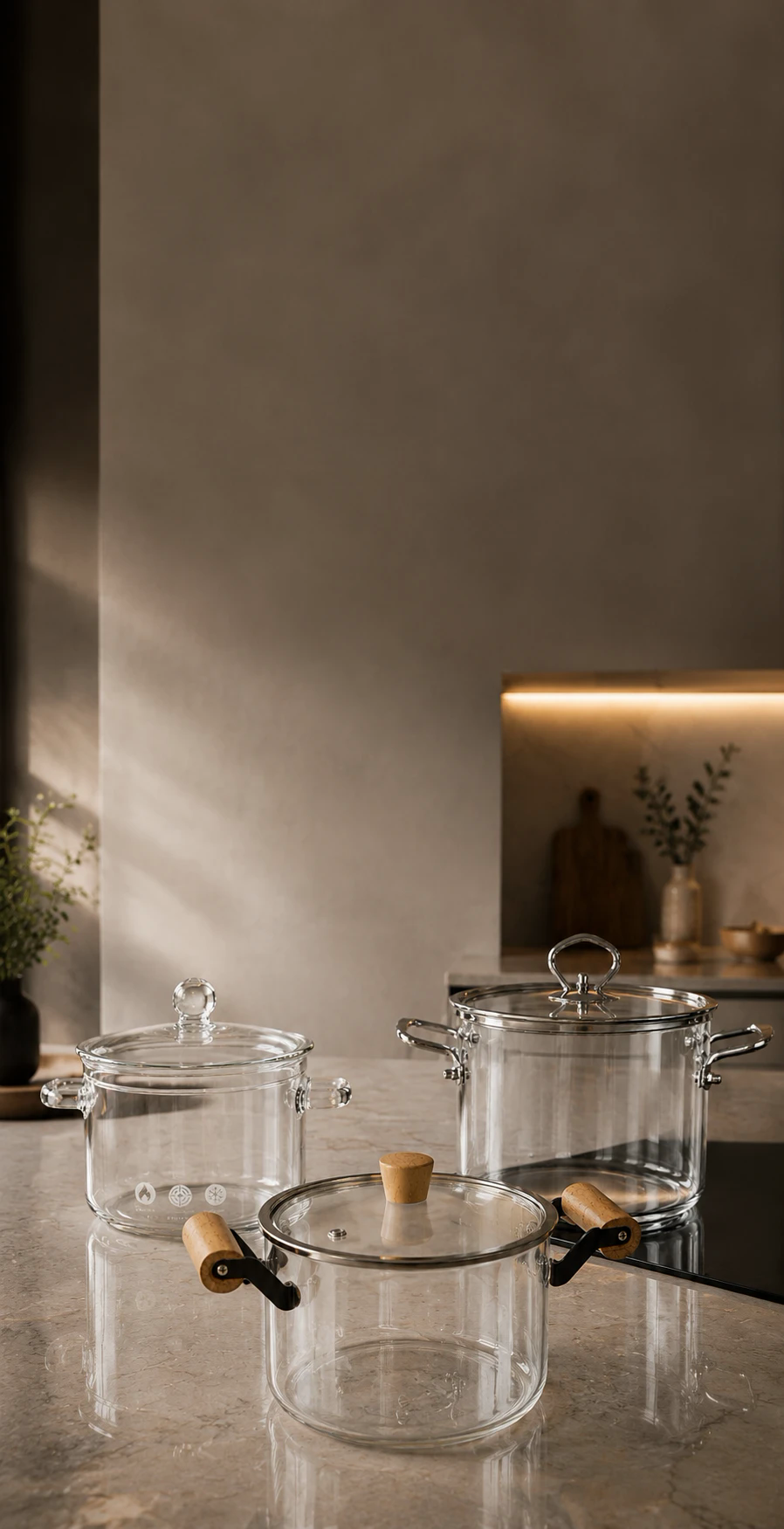 Tres ollas de vidrio de borosilicato de Cristal Kitchen sobre una mesada de mármol en una cocina minimalista